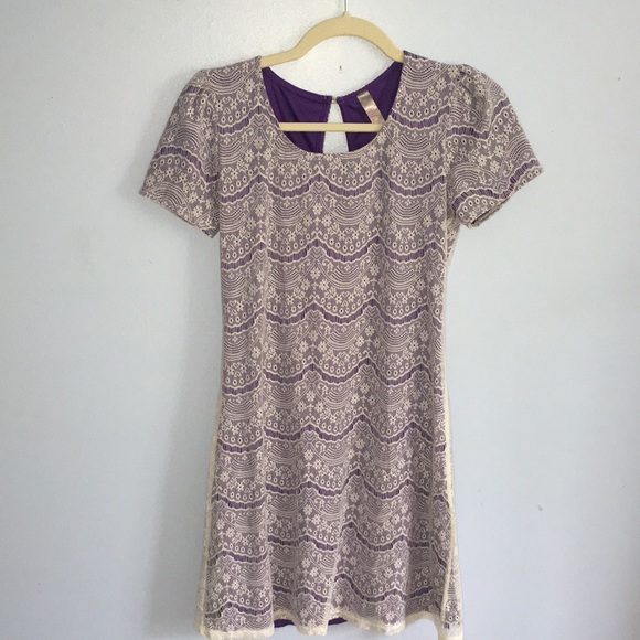 Purple dress with white lace over. Knee-length. Button up back. - Picture 1 of 3